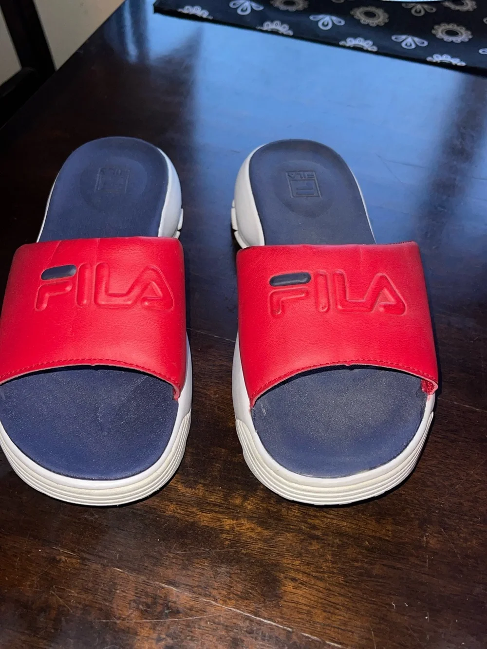 Fila Red Strap Navy Footbed White Sole Slide Sandals